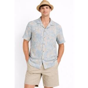 Mondo Blue Floral Linen Blend Button Up Shirt Short Sleeve Mens Size Medium New